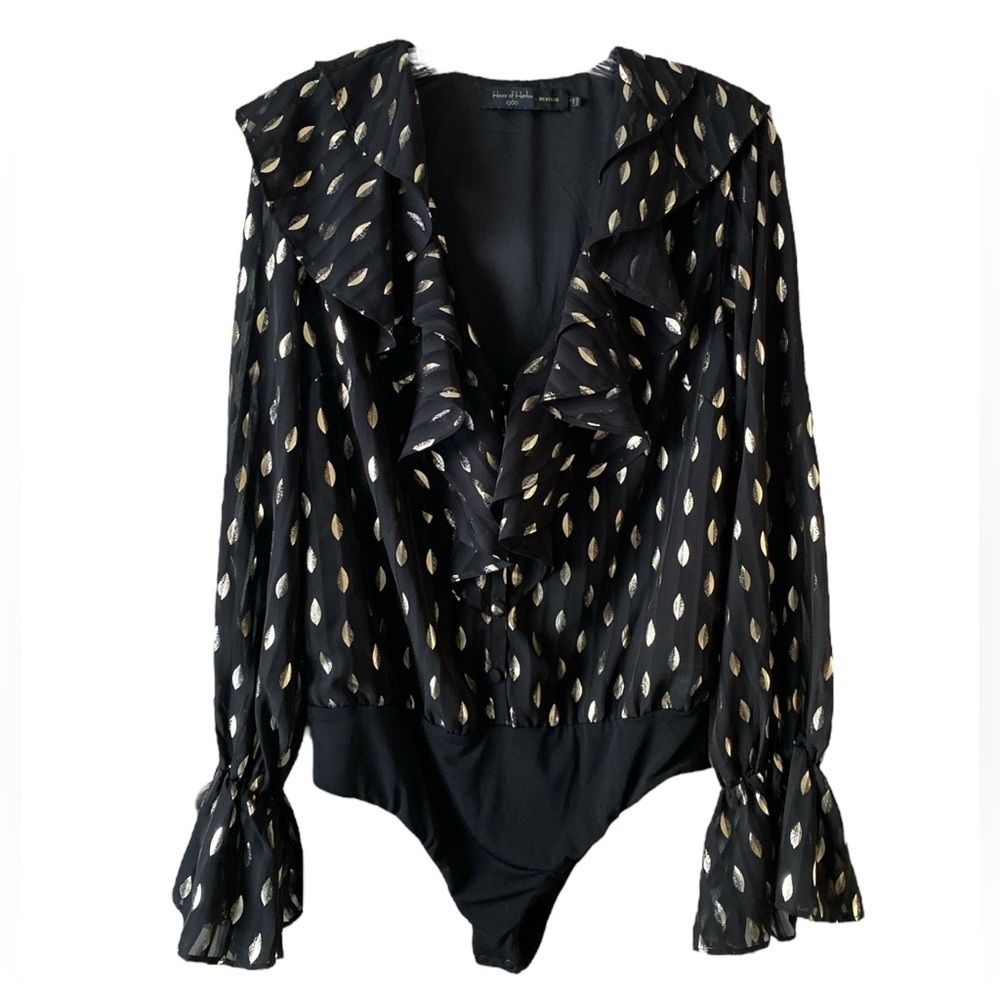 HOUSE OF HARLOW 1960 x REVOLVE Evora Bodysuit in Noir Gold Ruffle Long Sleeve M